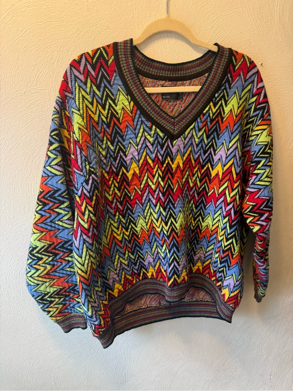 Retro Rainbow Zig Zag Sweater Colorful Cotton Knit V Neck Maximalist Pullover M - Picture 2 of 5